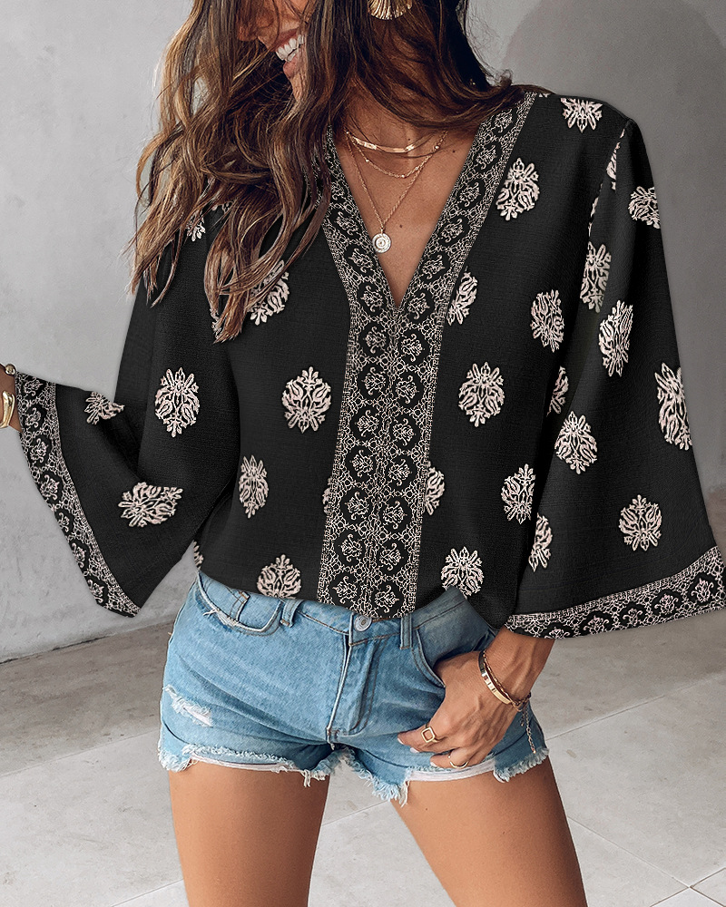 Bohemian Print Mid-Sleeve V-Neck Shirt(BUY 2 FREE SHIPPING)