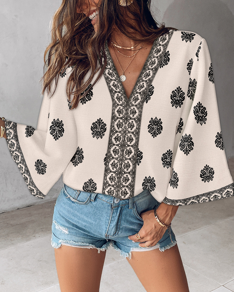 Bohemian Print Mid-Sleeve V-Neck Shirt(BUY 2 FREE SHIPPING)