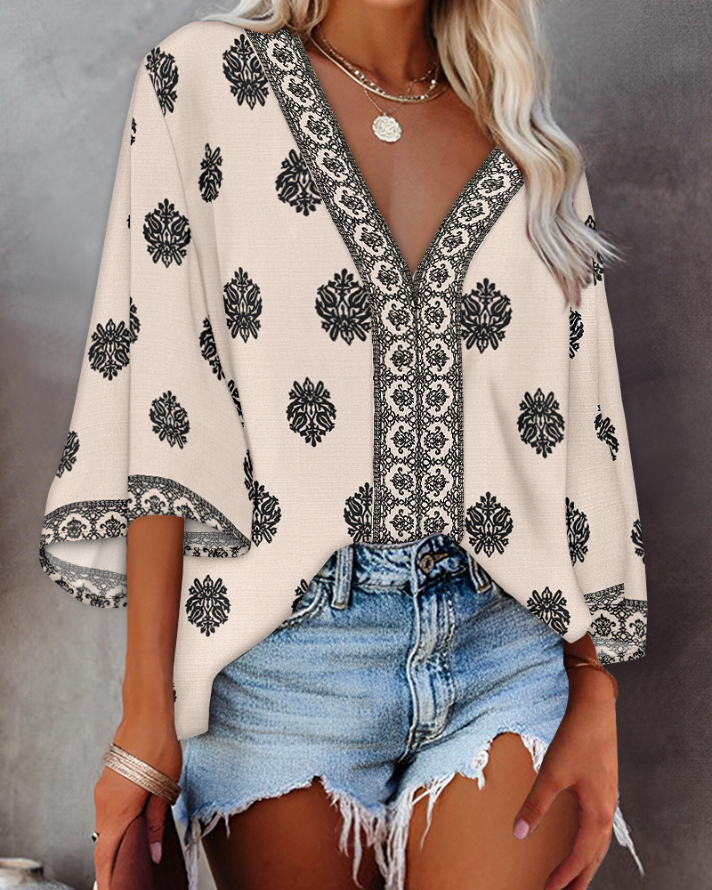 Bohemian Print Mid-Sleeve V-Neck Shirt(BUY 2 FREE SHIPPING)