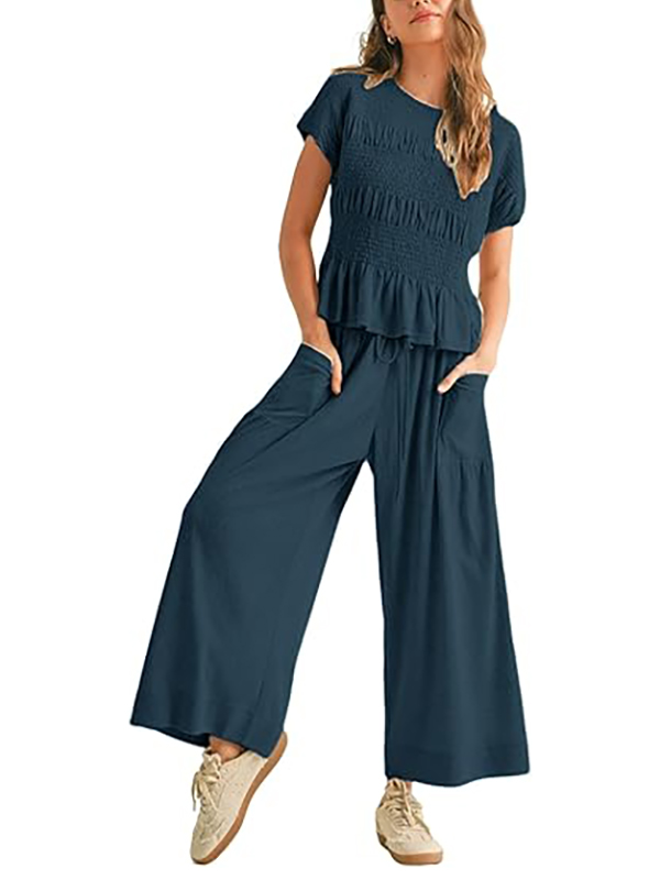 Solid color pleated short-sleeved high-waisted wide-leg pants women's casual suit