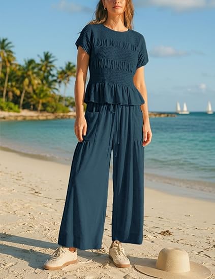 Solid color pleated short-sleeved high-waisted wide-leg pants women's casual suit