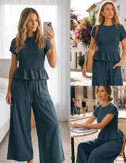 Solid color pleated short-sleeved high-waisted wide-leg pants women's casual suit