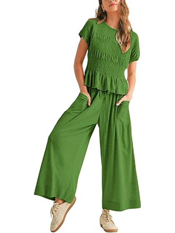 Solid color pleated short-sleeved high-waisted wide-leg pants women's casual suit