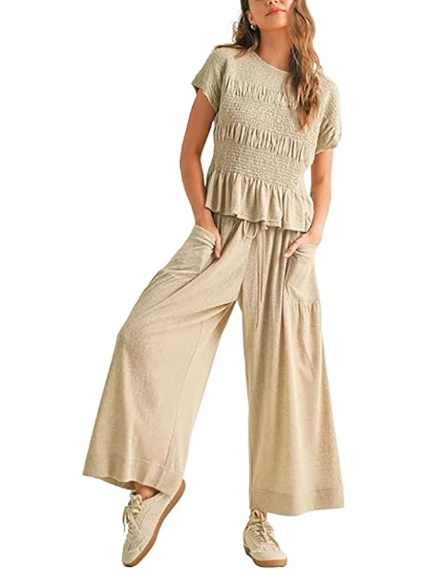 Solid color pleated short-sleeved high-waisted wide-leg pants women's casual suit