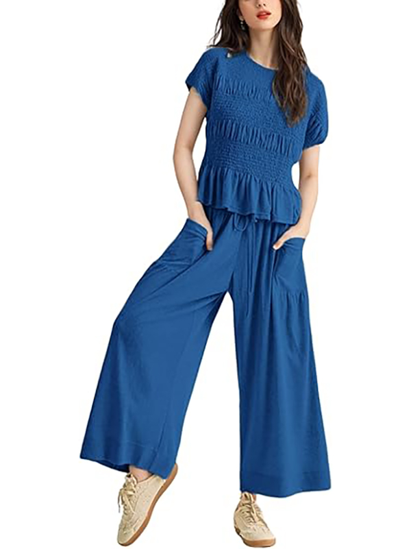 Solid color pleated short-sleeved high-waisted wide-leg pants women's casual suit