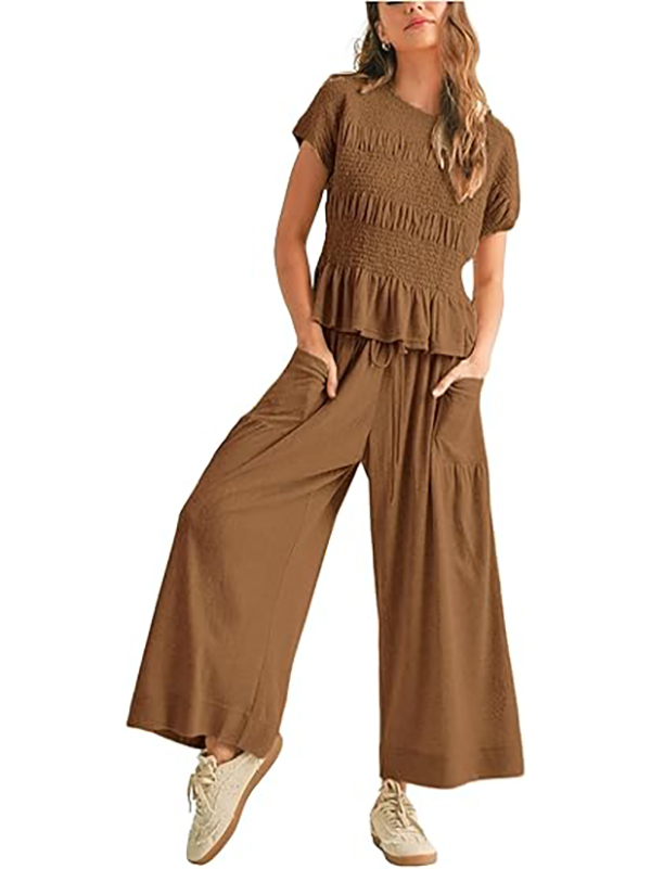 Solid color pleated short-sleeved high-waisted wide-leg pants women's casual suit
