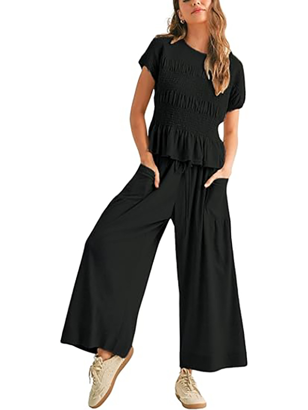 Solid color pleated short-sleeved high-waisted wide-leg pants women's casual suit