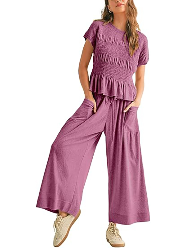 Solid color pleated short-sleeved high-waisted wide-leg pants women's casual suit