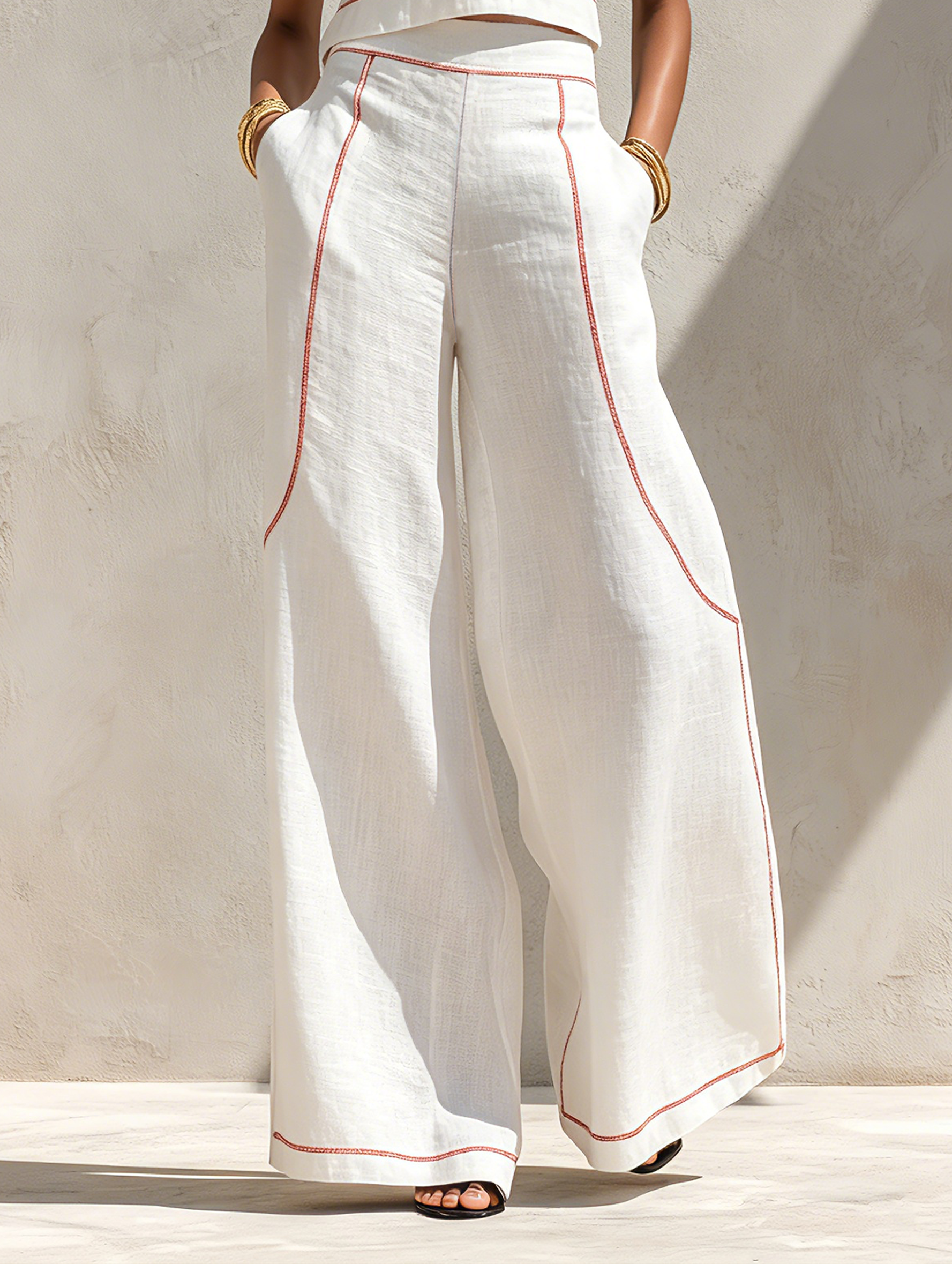 Women's Minimalist Linen-Blend Contrast-Stitched Blouse & Wide-Leg Pants Set