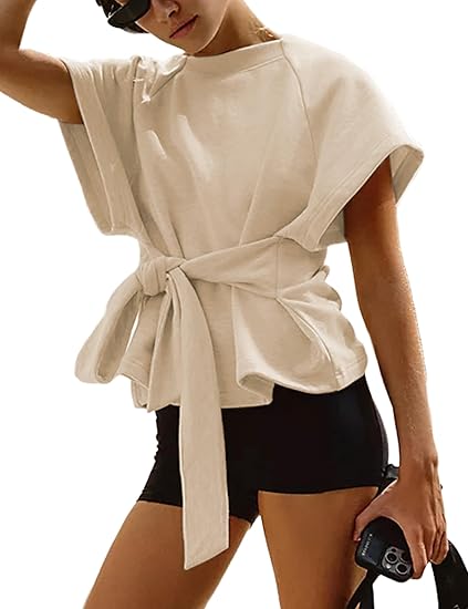 Women's Summer Short-Sleeve T-Shirt Crew Neck Tie-Waist Short-Sleeve