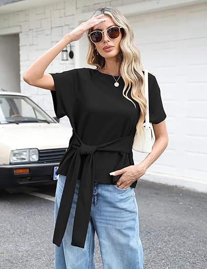 Women's Summer Short-Sleeve T-Shirt Crew Neck Tie-Waist Short-Sleeve