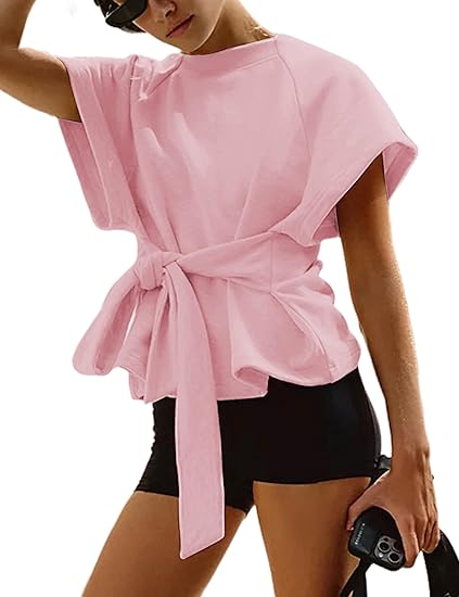 Women's Summer Short-Sleeve T-Shirt Crew Neck Tie-Waist Short-Sleeve