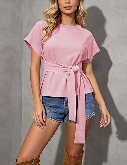 Women's Summer Short-Sleeve T-Shirt Crew Neck Tie-Waist Short-Sleeve