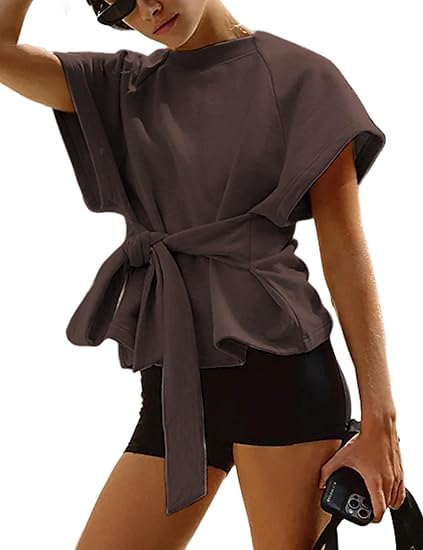 Women's Summer Short-Sleeve T-Shirt Crew Neck Tie-Waist Short-Sleeve