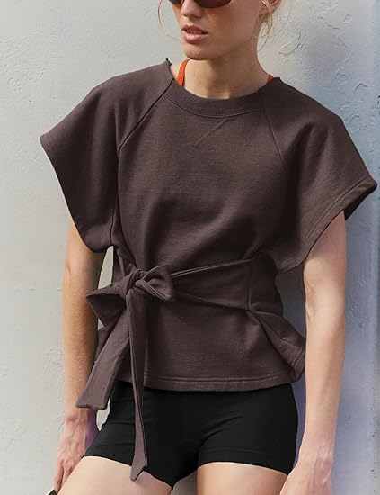 Women's Summer Short-Sleeve T-Shirt Crew Neck Tie-Waist Short-Sleeve