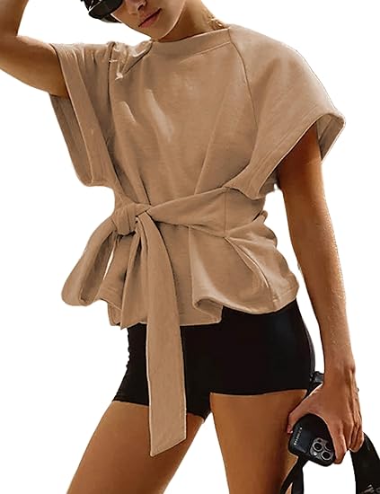 Women's Summer Short-Sleeve T-Shirt Crew Neck Tie-Waist Short-Sleeve