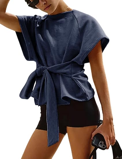 Women's Summer Short-Sleeve T-Shirt Crew Neck Tie-Waist Short-Sleeve