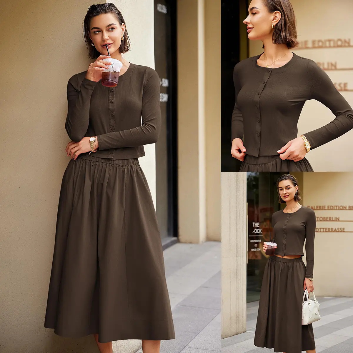 Women's Ribbed Button Cardigan and Elastic Waist Skirt Set