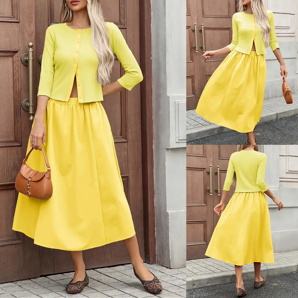 Women's Ribbed Button Cardigan and Elastic Waist Skirt Set