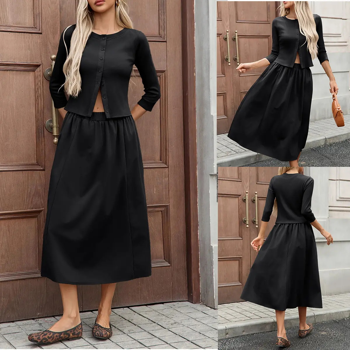 Women's Ribbed Button Cardigan and Elastic Waist Skirt Set