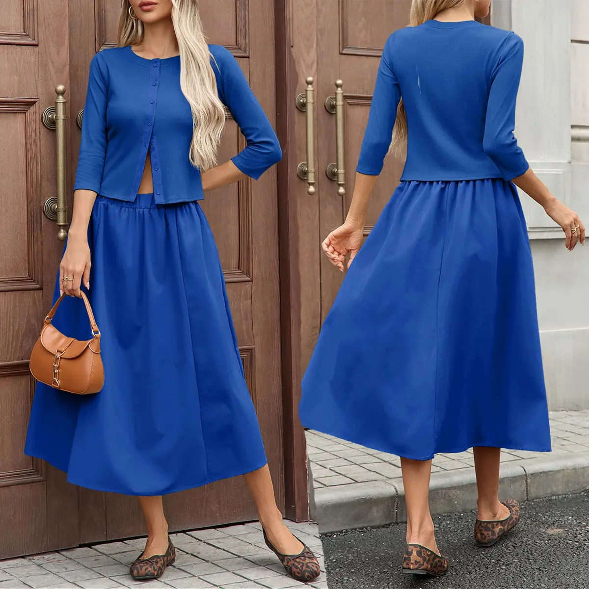 Women's Ribbed Button Cardigan and Elastic Waist Skirt Set