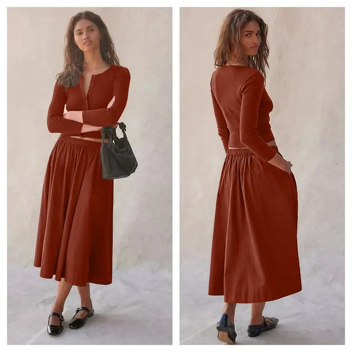 Women's Ribbed Button Cardigan and Elastic Waist Skirt Set