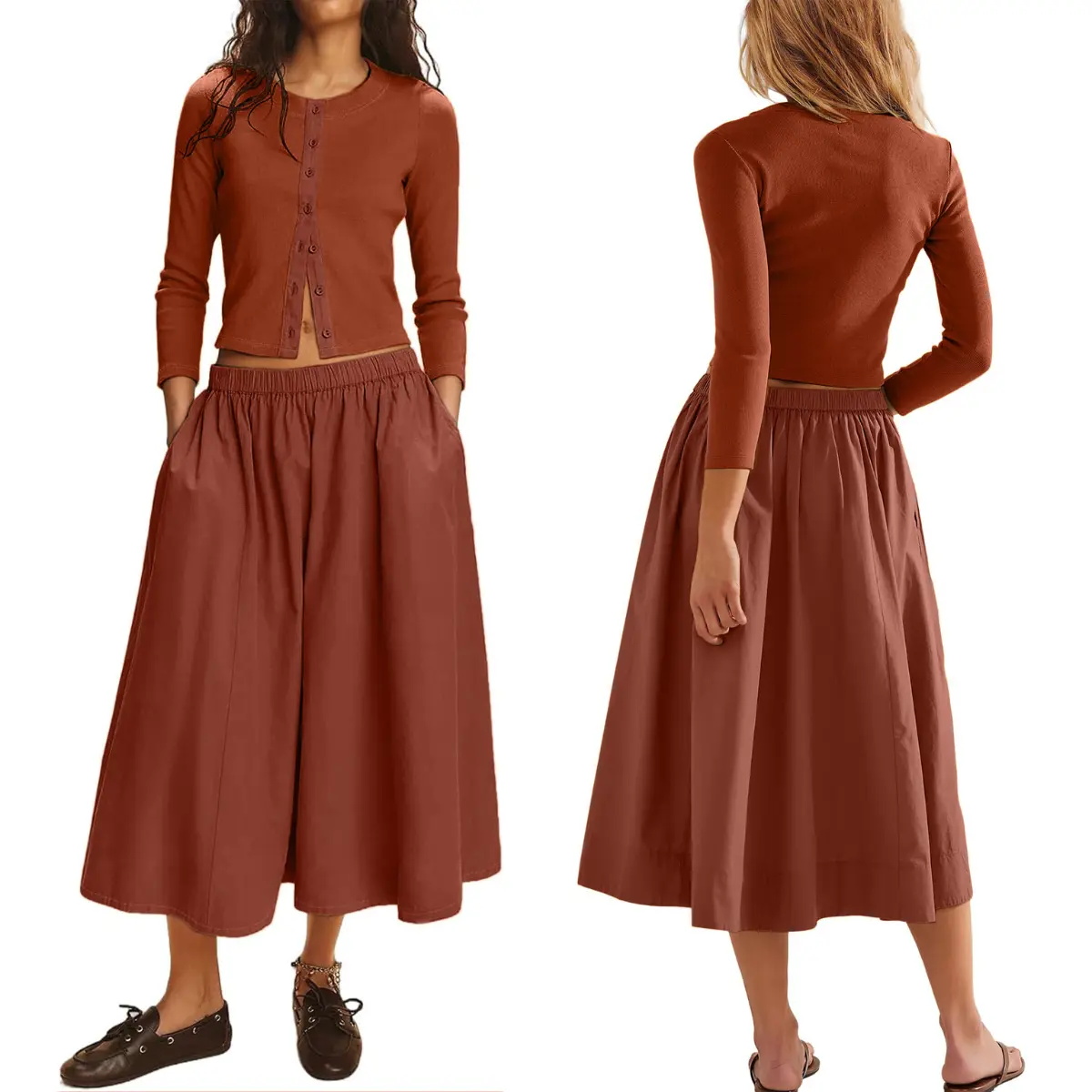 Women's Ribbed Button Cardigan and Elastic Waist Skirt Set