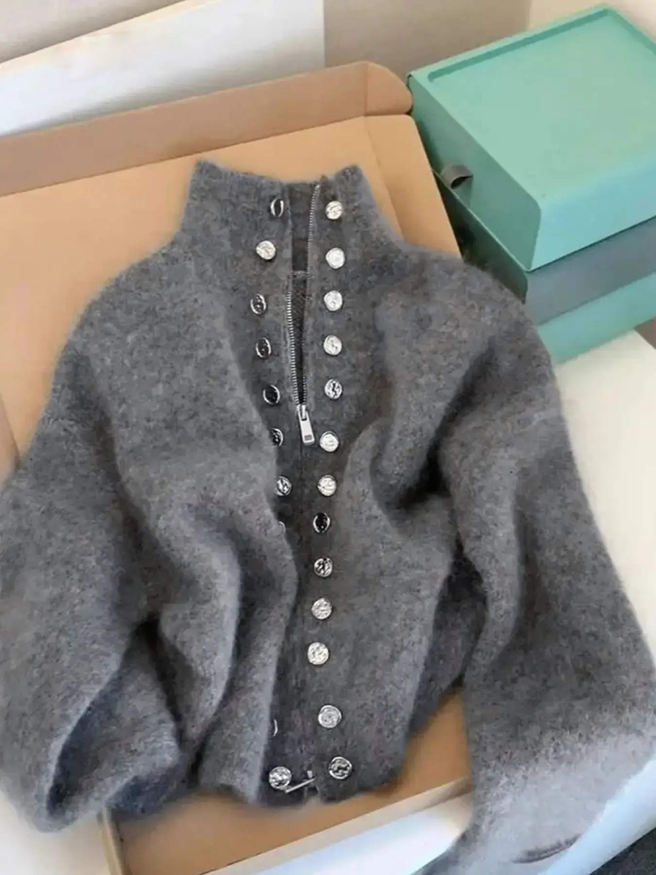 Women's Stand Collar Double-Breasted Zipper Knit Cardigan