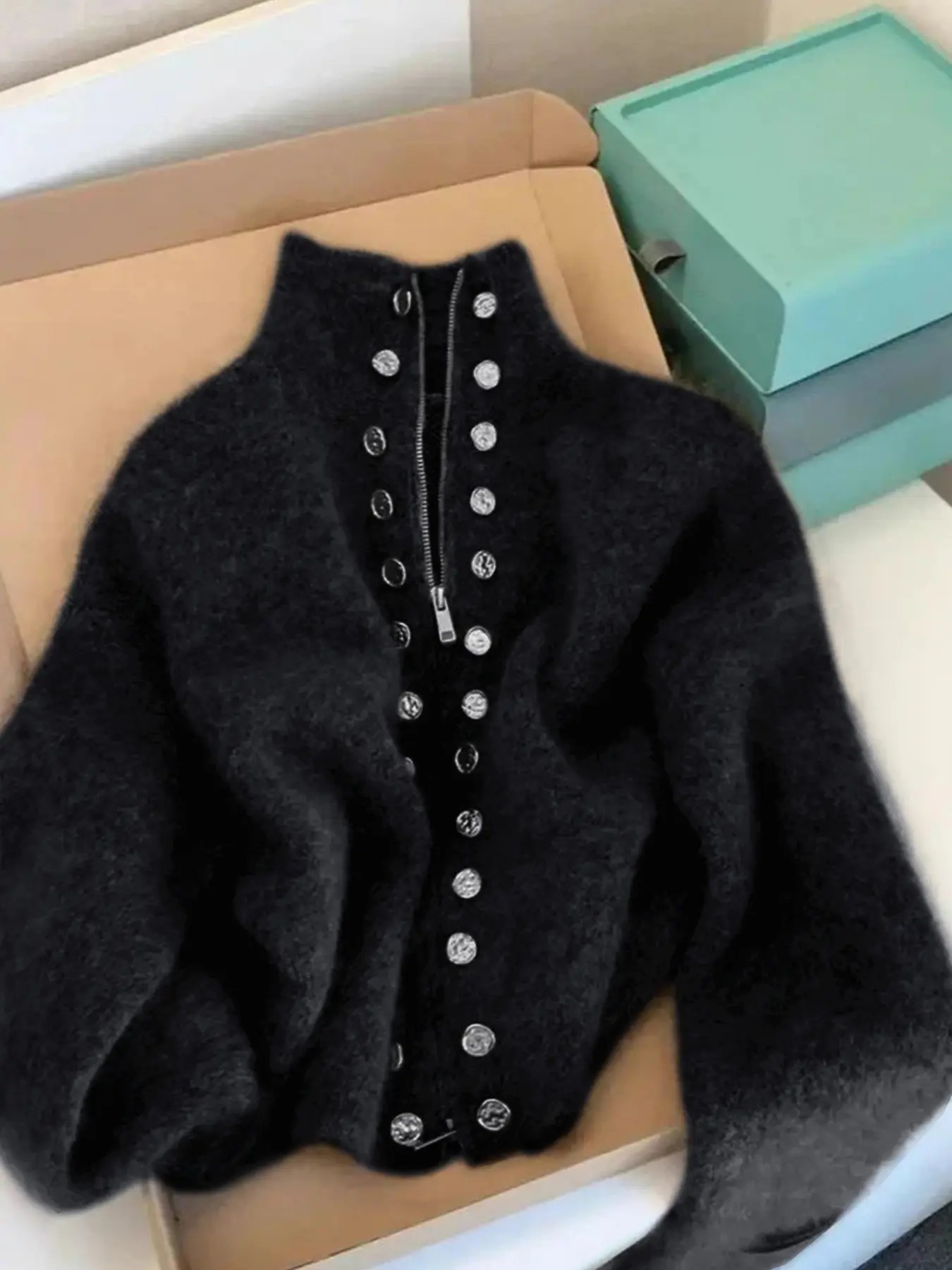 Women's Stand Collar Double-Breasted Zipper Knit Cardigan