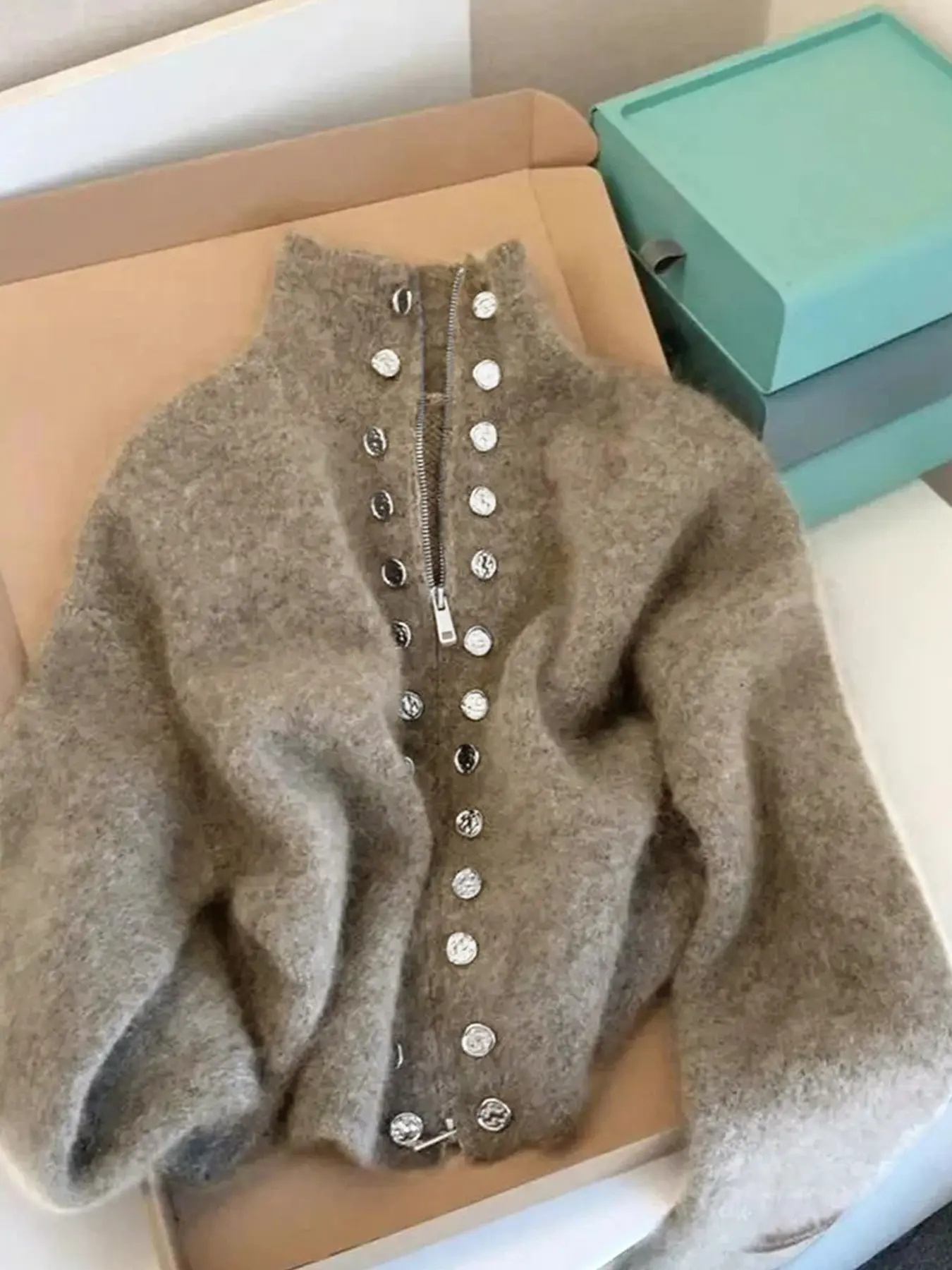 Women's Stand Collar Double-Breasted Zipper Knit Cardigan