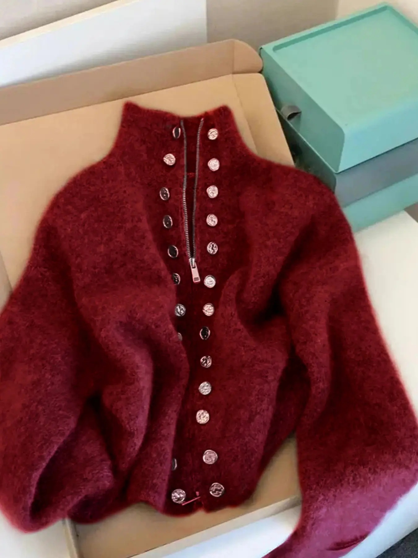 Women's Stand Collar Double-Breasted Zipper Knit Cardigan