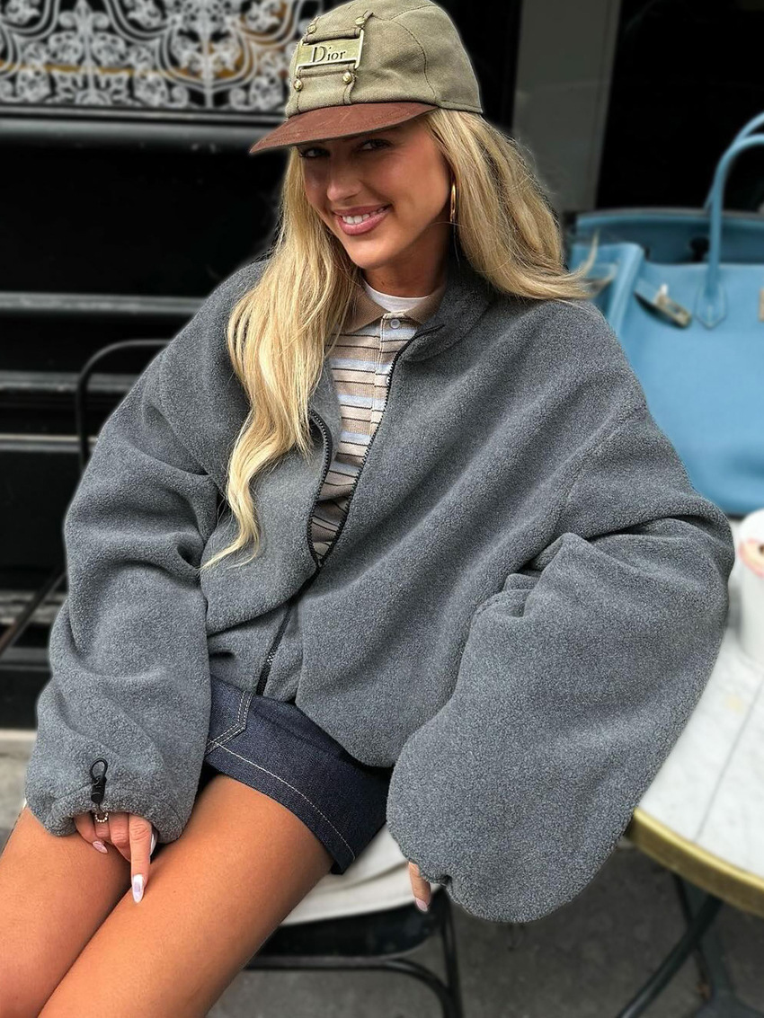 Grey fleece stand collar drawstring jacket