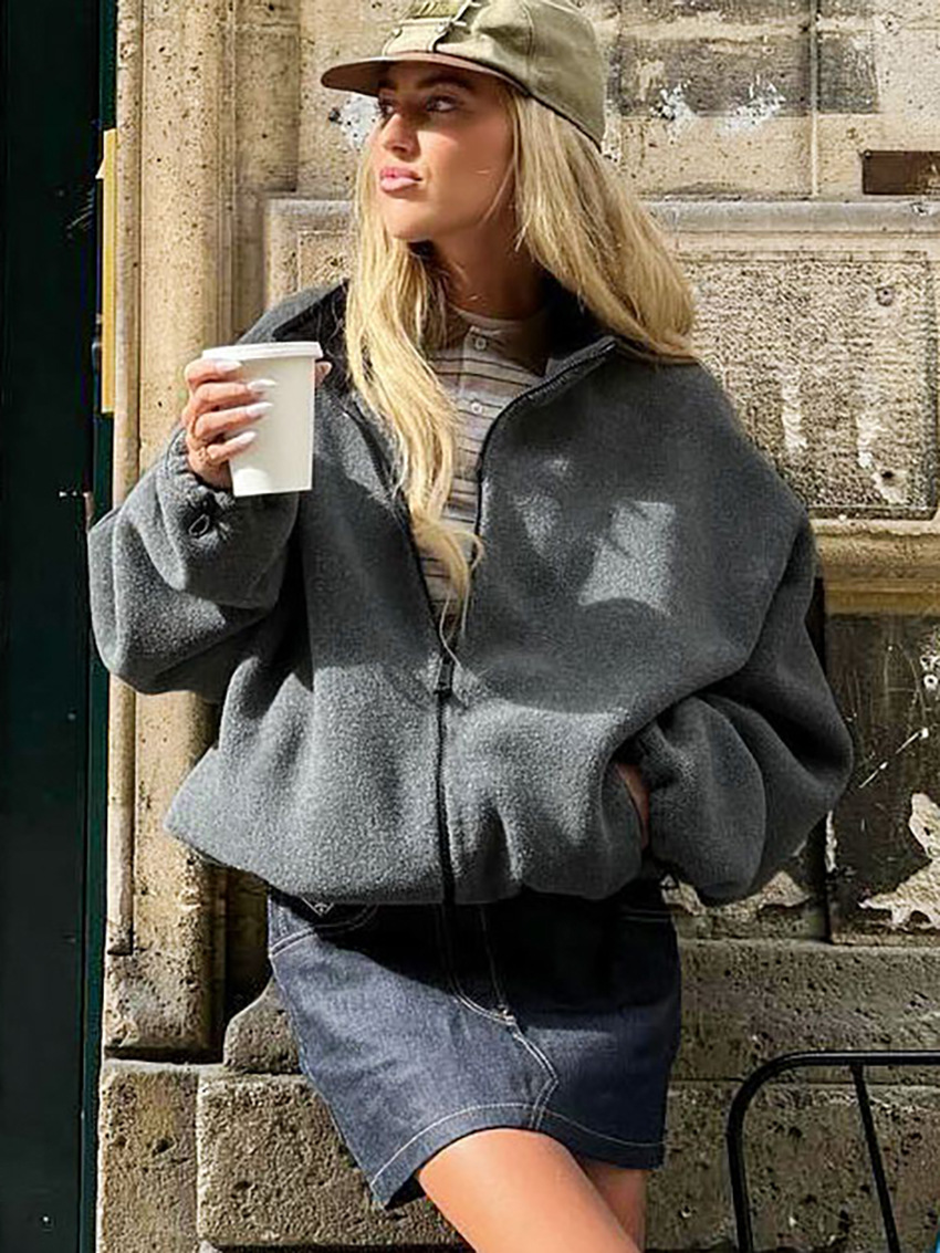Grey fleece stand collar drawstring jacket