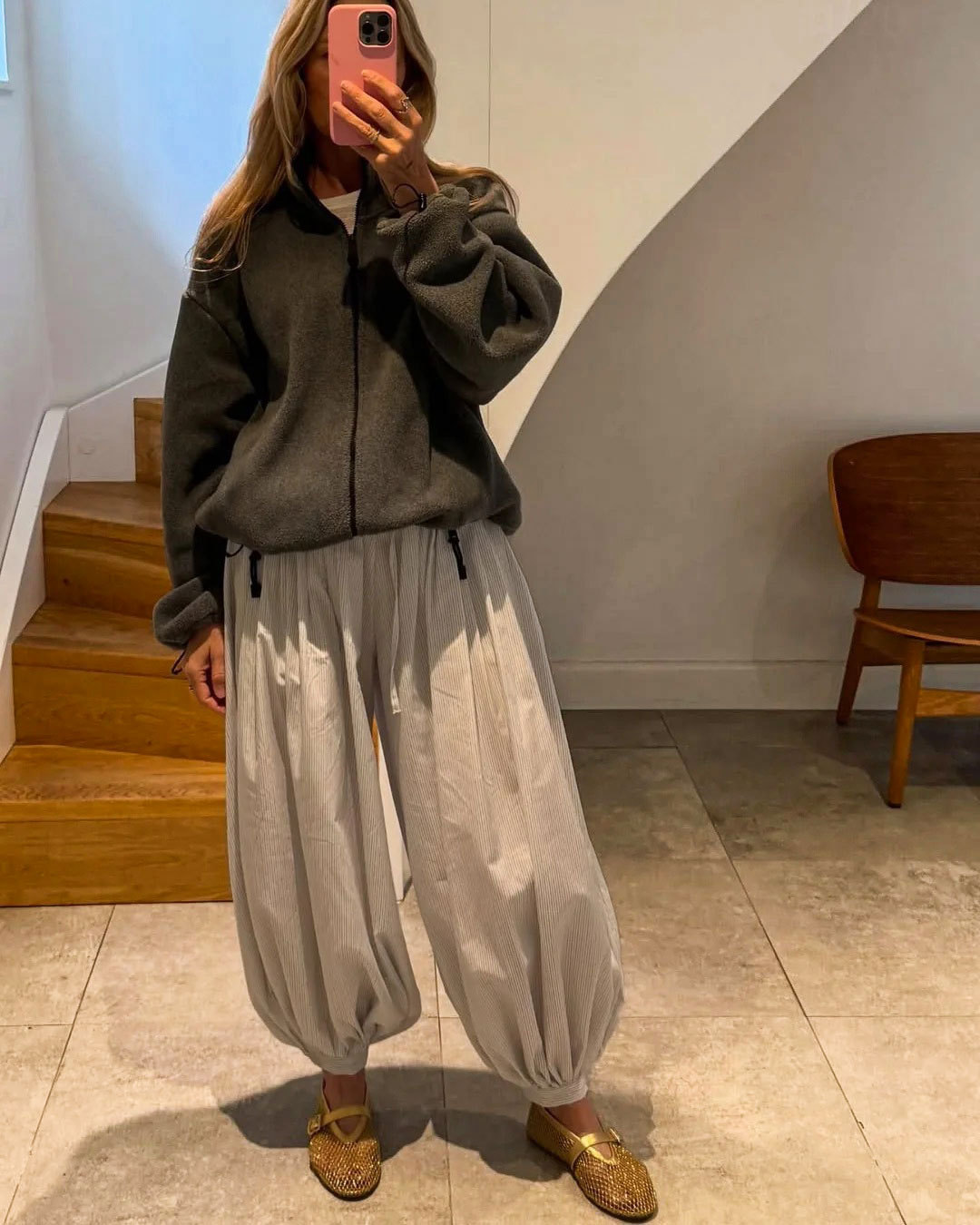 Grey fleece stand collar drawstring jacket