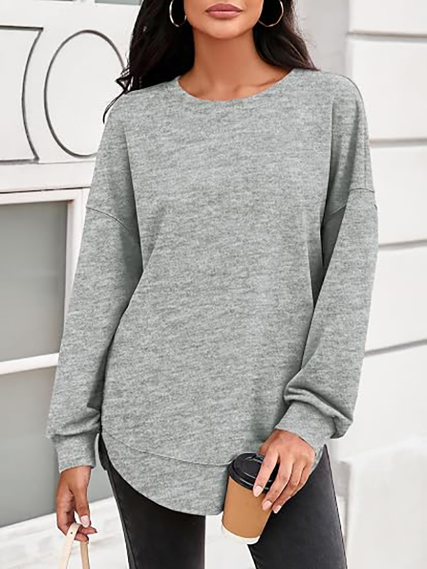 Women's round neck casual long-sleeved side-slit high and low hem curved hem sweatshirt