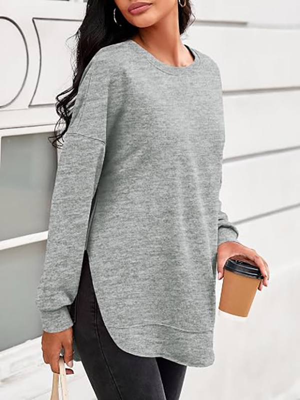 Women's round neck casual long-sleeved side-slit high and low hem curved hem sweatshirt