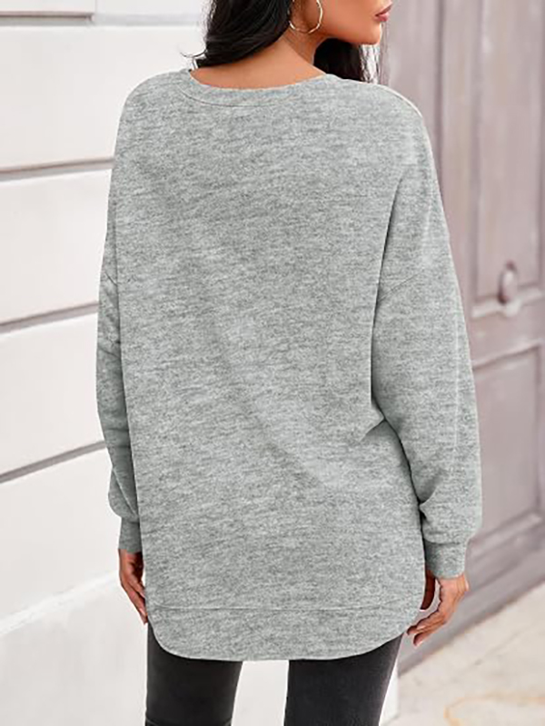 Women's round neck casual long-sleeved side-slit high and low hem curved hem sweatshirt
