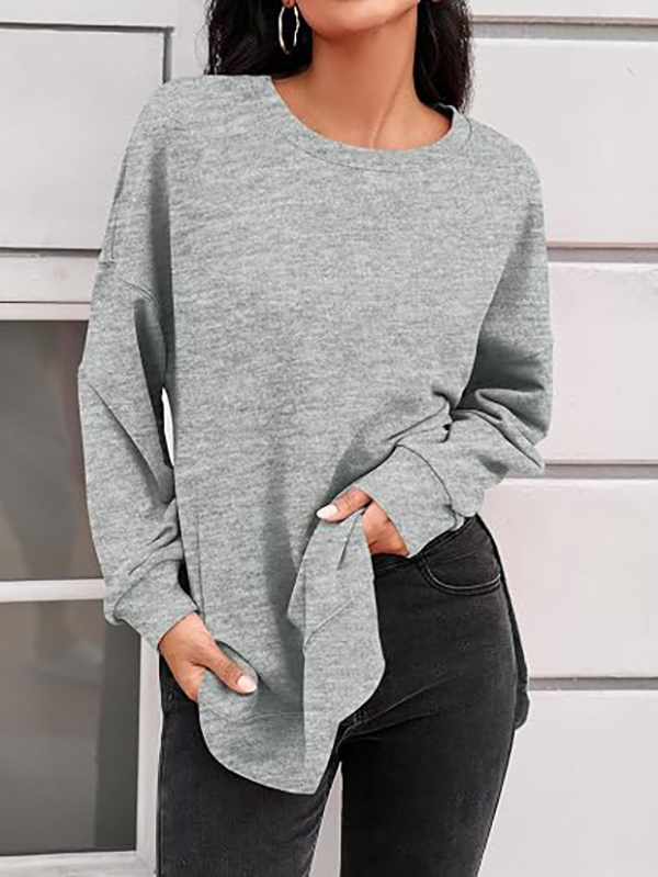 Women's round neck casual long-sleeved side-slit high and low hem curved hem sweatshirt
