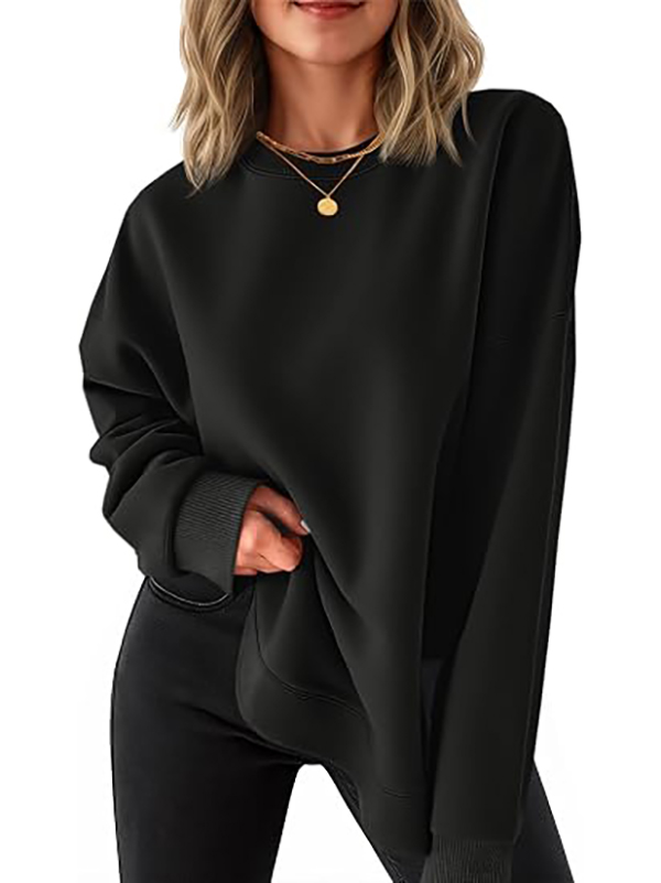 Women's round neck casual long-sleeved side-slit high and low hem curved hem sweatshirt