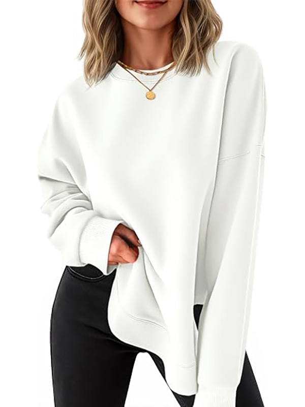 Women's round neck casual long-sleeved side-slit high and low hem curved hem sweatshirt