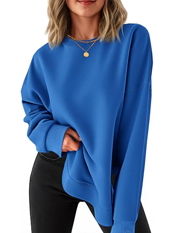 Women's round neck casual long-sleeved side-slit high and low hem curved hem sweatshirt
