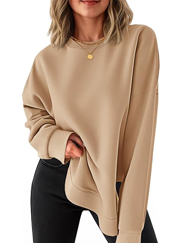 Women's round neck casual long-sleeved side-slit high and low hem curved hem sweatshirt