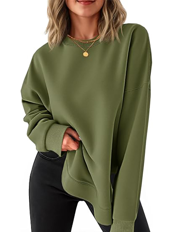 Women's round neck casual long-sleeved side-slit high and low hem curved hem sweatshirt