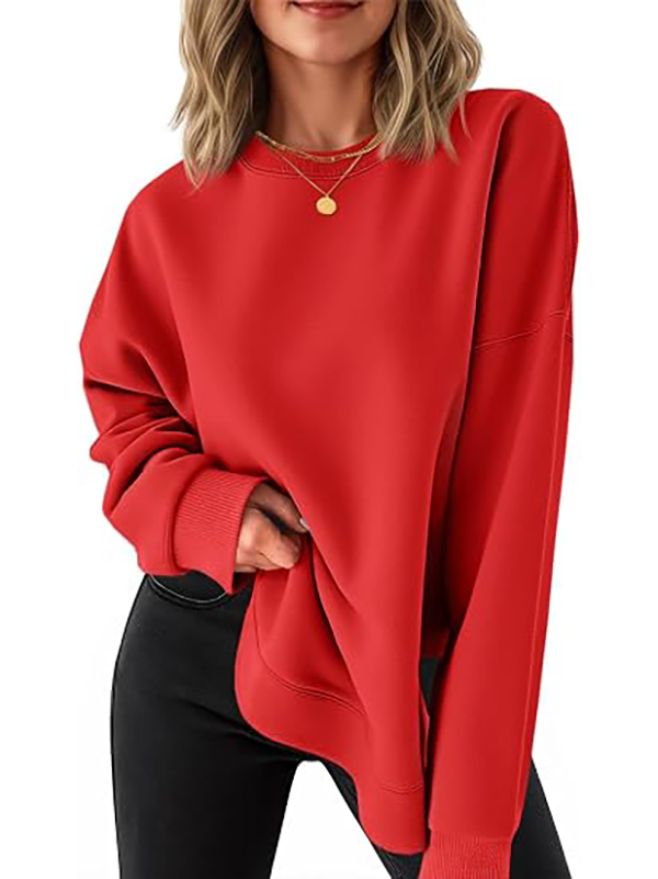 Women's round neck casual long-sleeved side-slit high and low hem curved hem sweatshirt