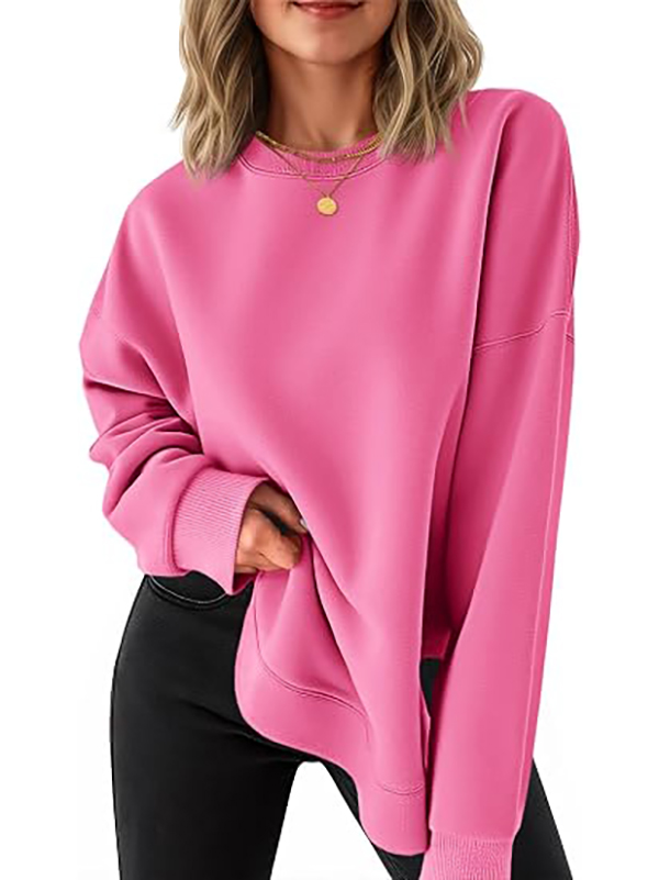 Women's round neck casual long-sleeved side-slit high and low hem curved hem sweatshirt