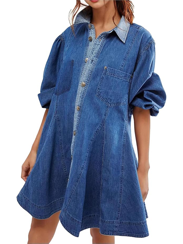 Women's Distressed Denim Button Down Tunic Shirt Dress