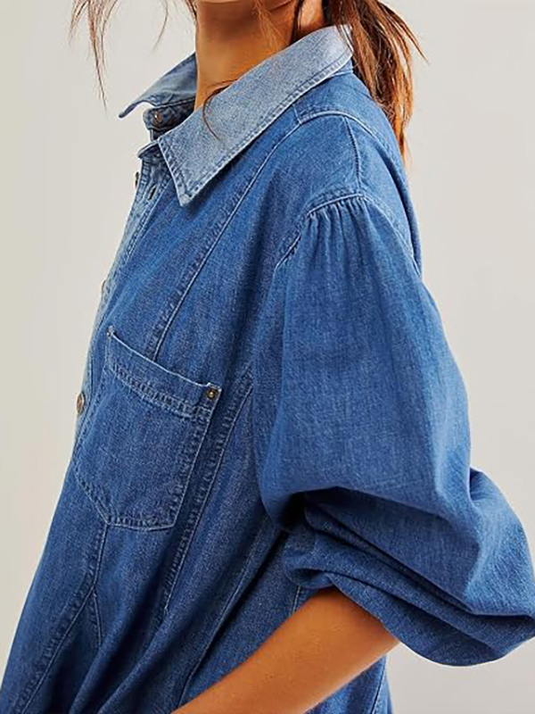 Women's Distressed Denim Button Down Tunic Shirt Dress