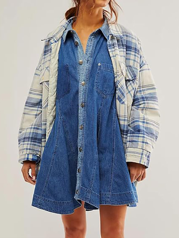 Women's Distressed Denim Button Down Tunic Shirt Dress
