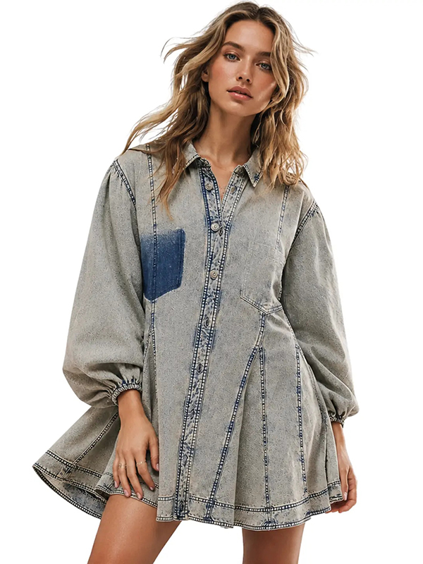 Women's Distressed Denim Button Down Tunic Shirt Dress