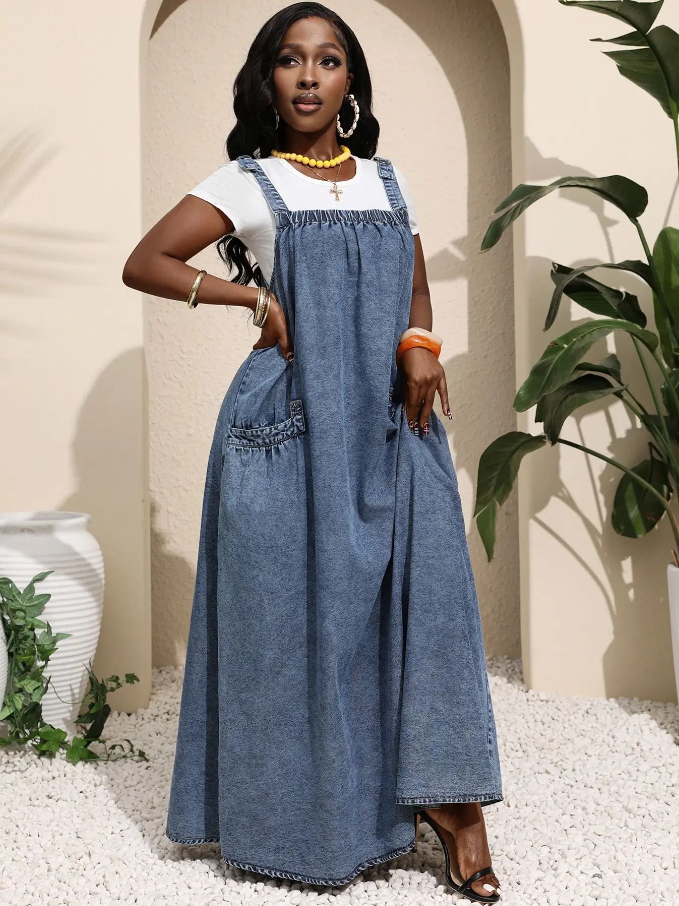 Women's Washed Denim Suspender Dress with Large Pockets